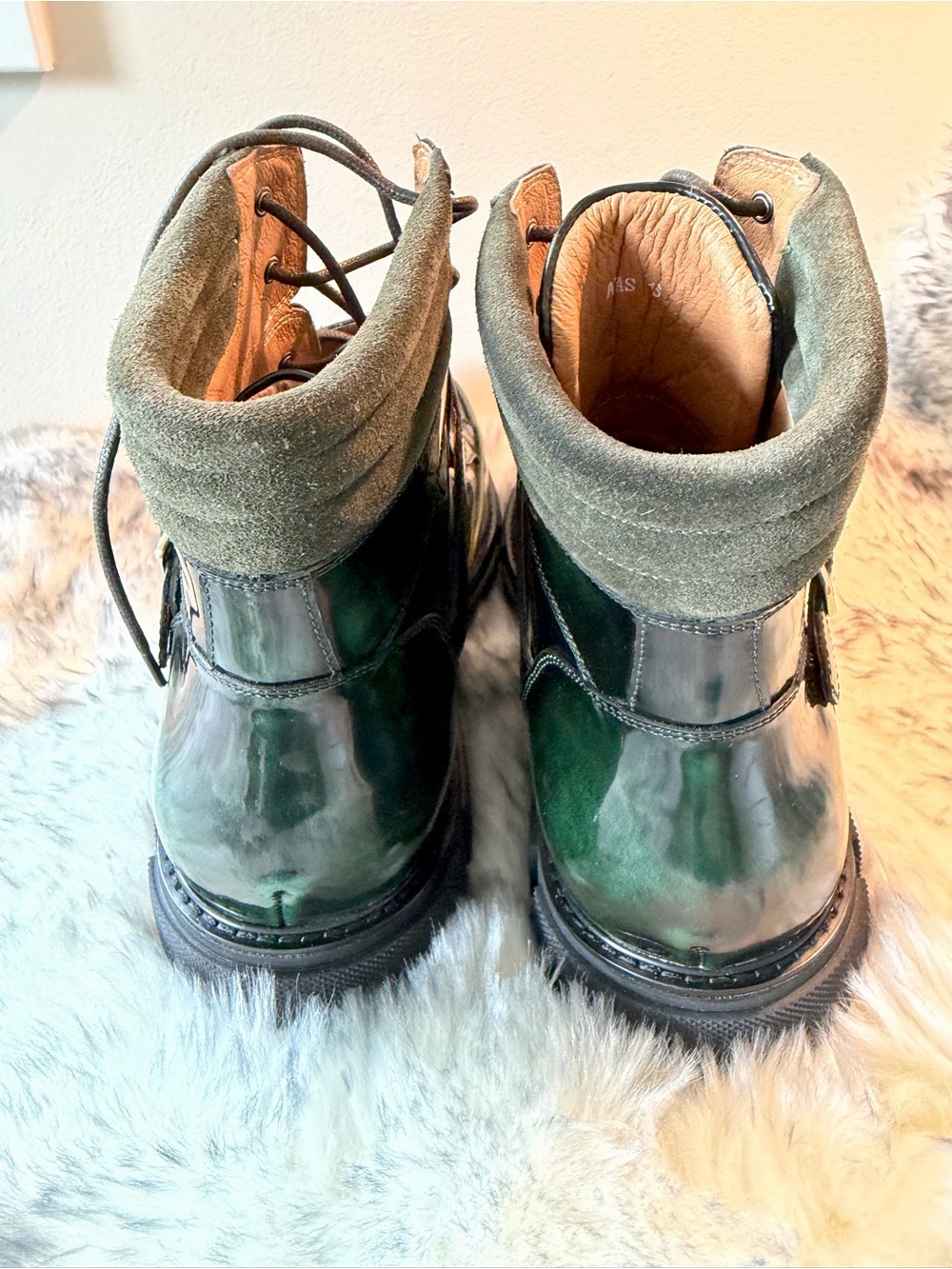 Polished Dark Green Leather Lace-Up Buckle Combat Boots for Men - Picture 4 of 9
